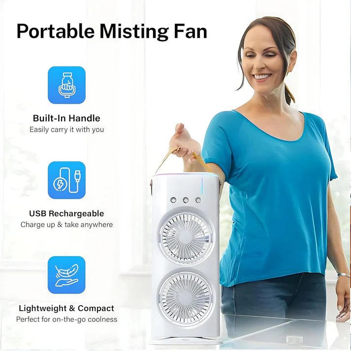 Double Ended Spray Fan, 2025 New 3 Gears USB Rechargeable Fan With LED Light Cooler Fan, Touch & Remote Control, Ice Filling Fan (White)