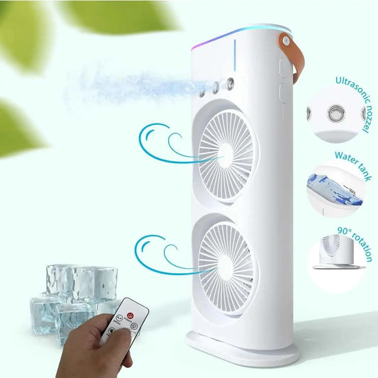 Double Ended Spray Fan, 2025 New 3 Gears USB Rechargeable Fan With LED Light Cooler Fan, Touch & Remote Control, Ice Filling Fan (White)