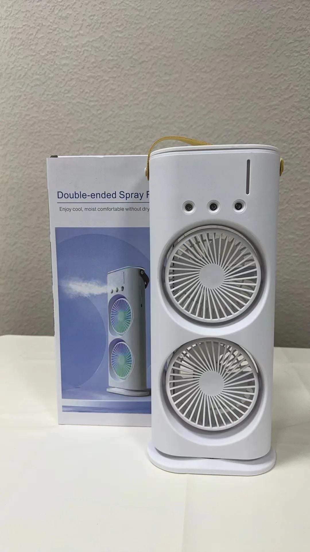Double Ended Spray Fan, 2025 New 3 Gears USB Rechargeable Fan With LED Light Cooler Fan, Touch & Remote Control, Ice Filling Fan (White)
